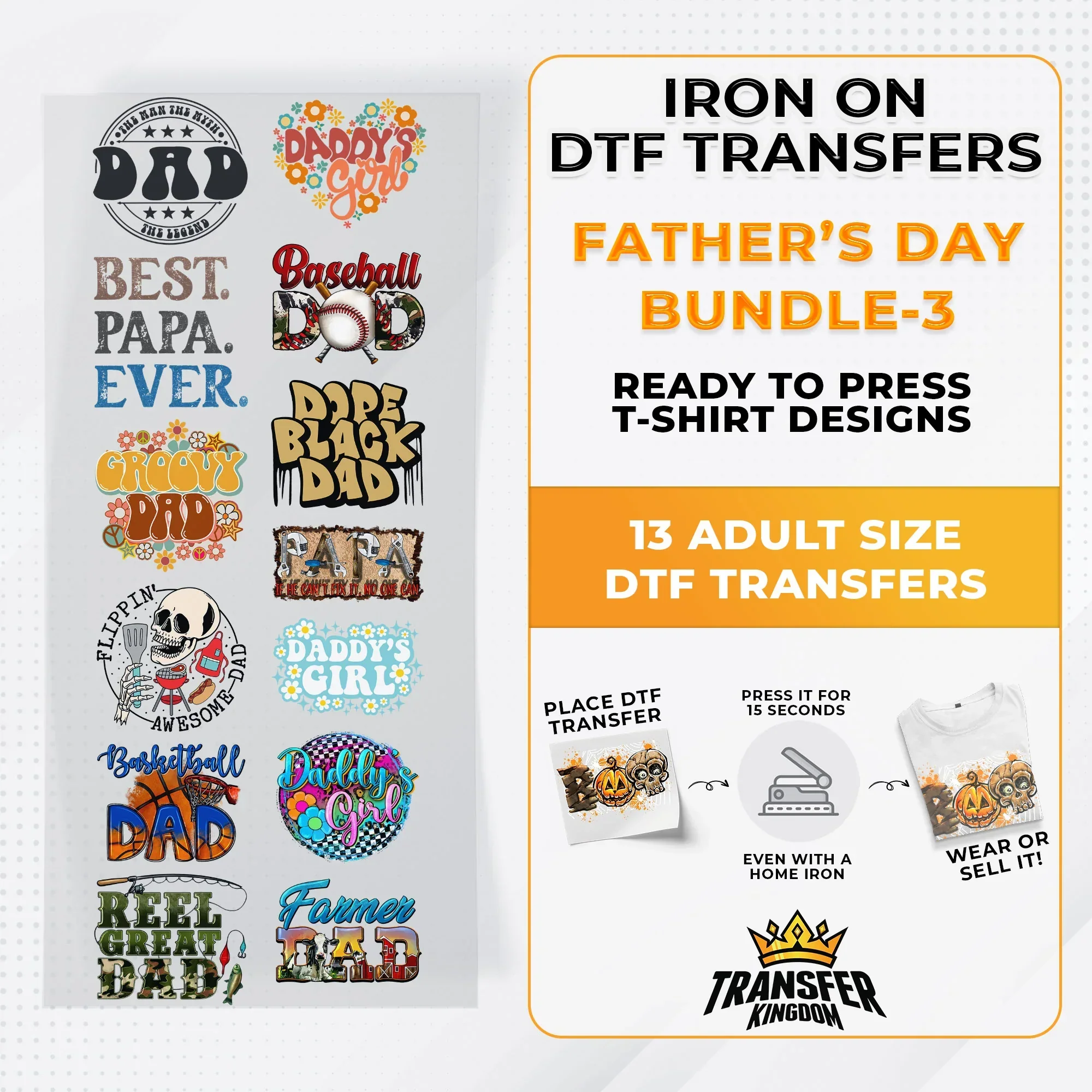 Father's Day Bundle Iron on DTF Transfer Bundle 3 - 13 Best Seller Ready To Press T-shirt Designs
