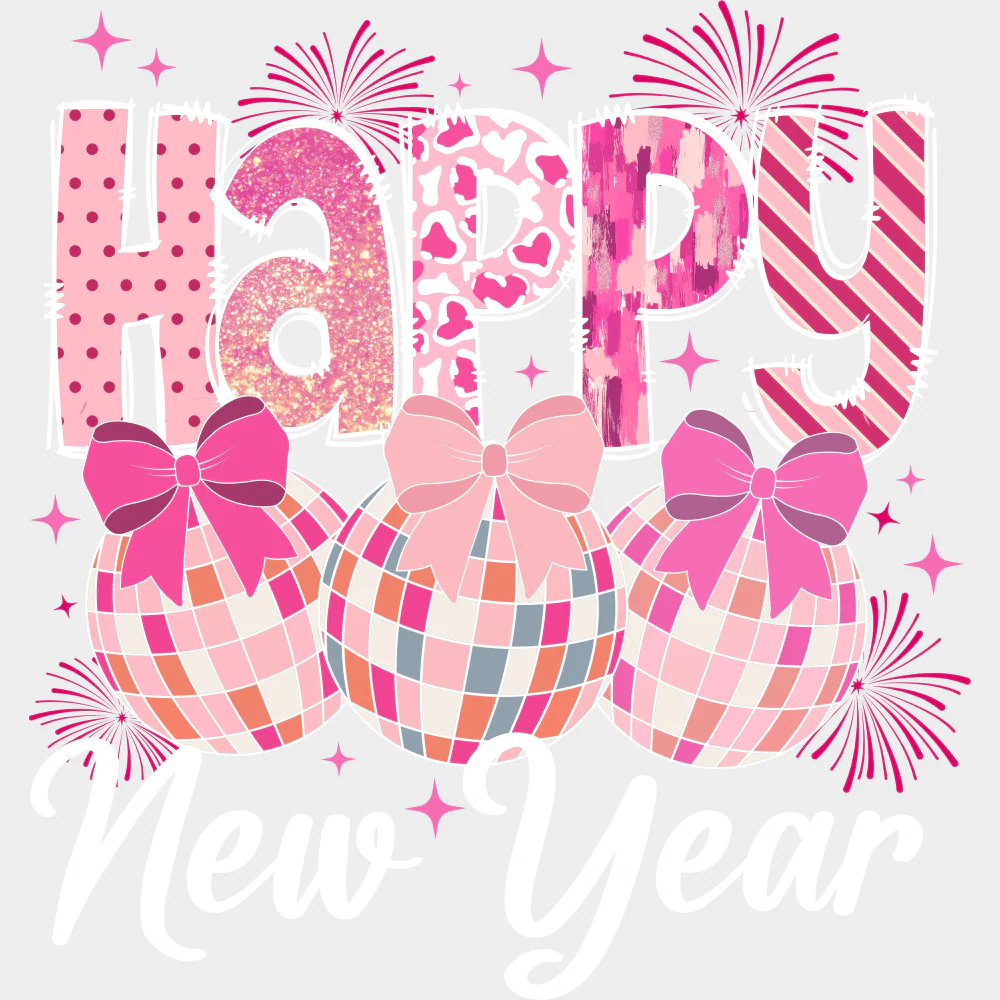 Happy New Year Pink B&W - New Year DTF Transfer - Image 2