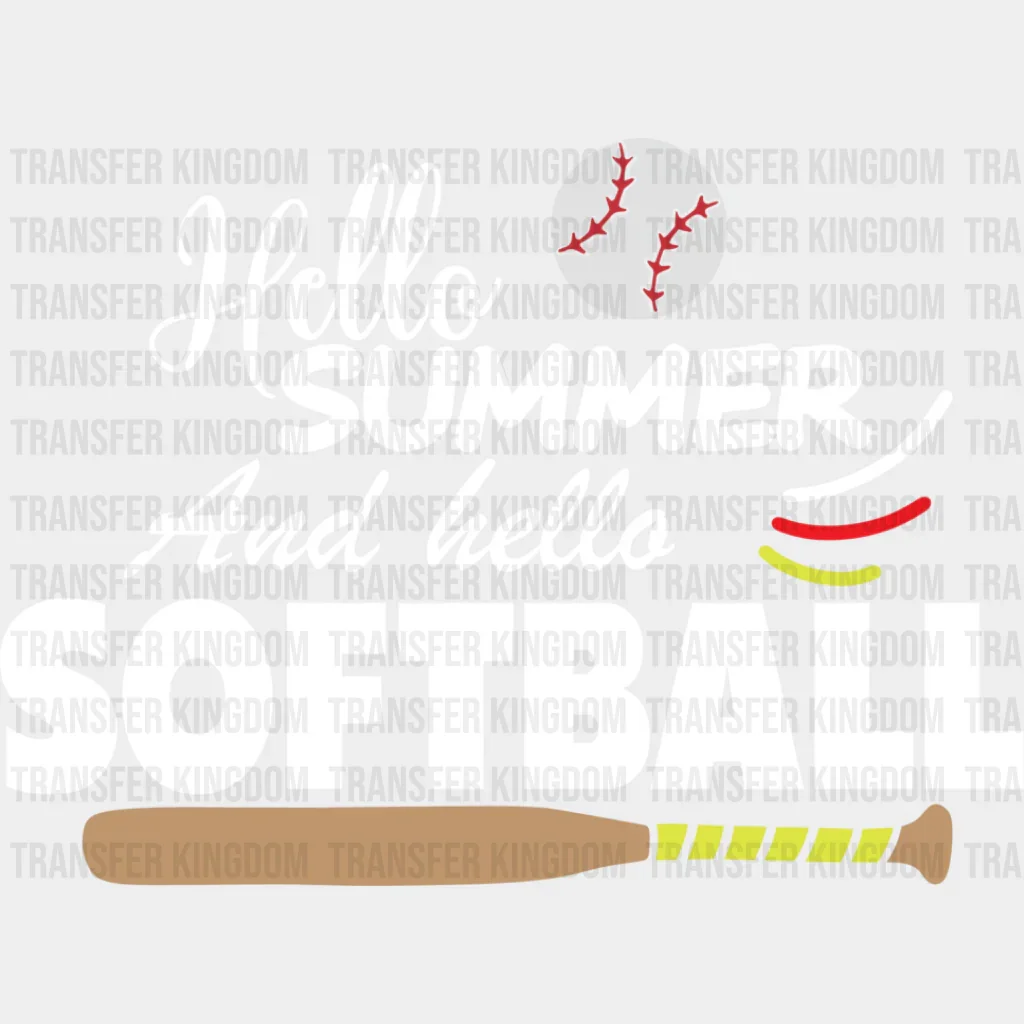 Hello Summer And Hello Softball B&W - Softball DTF Heat Transfer - Image 2