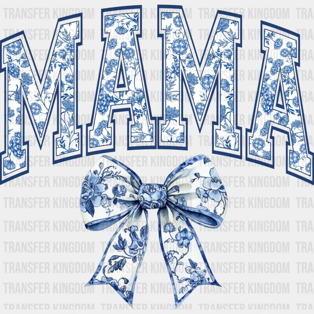 Mama Blue Ribbon Porcelain Pattern Design - Mother's Day DTF Transfer