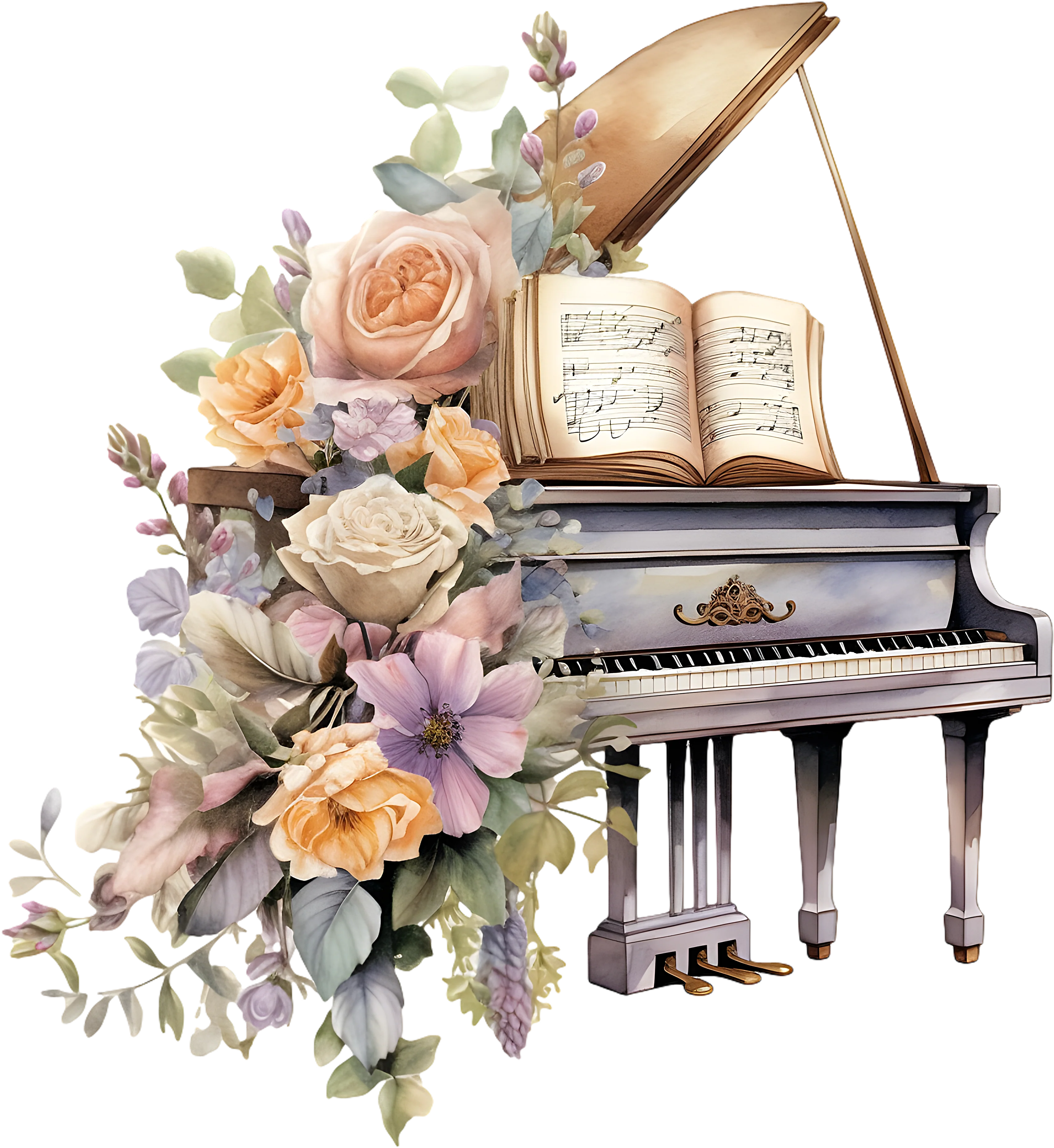 Piano & Colorful Flowers - Music DTF Transfers