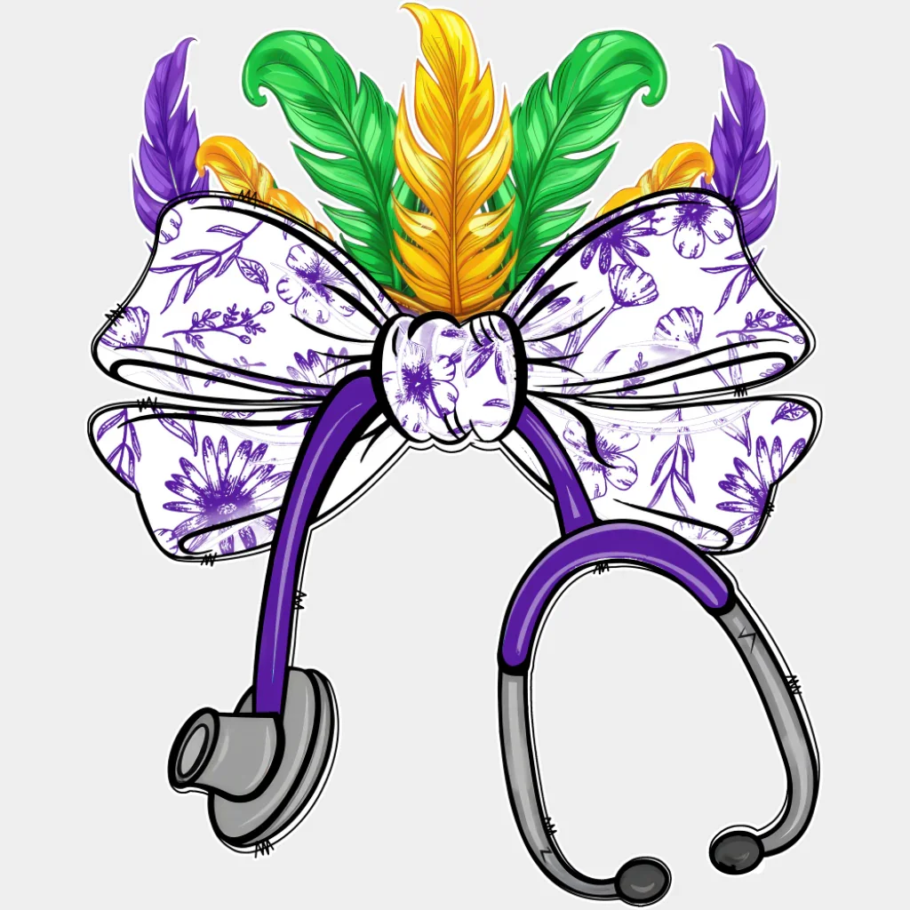 Ribbon Stethoscope - Mardi Gras DTF Transfer - Image 2