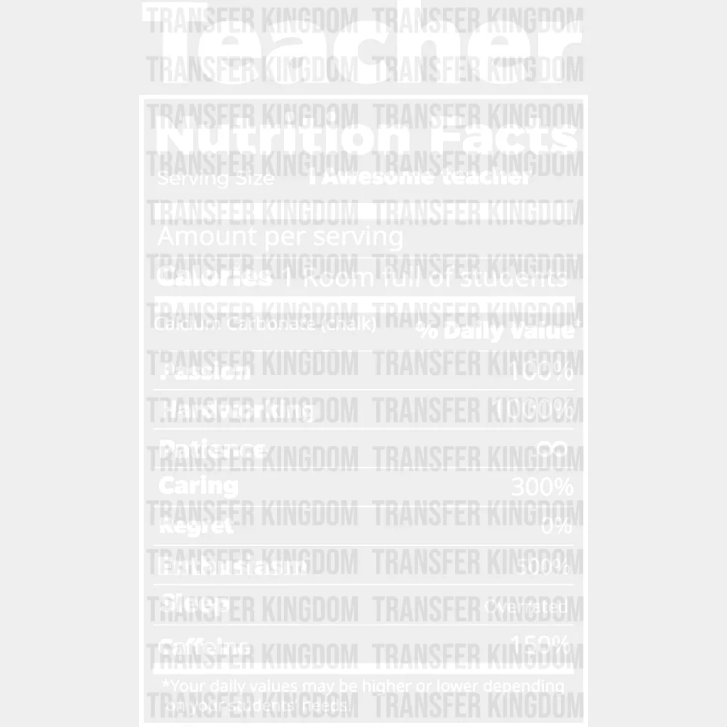 Teacher Nutrition Facts 100 Days Of School Design - DTF heat transfer - Image 2