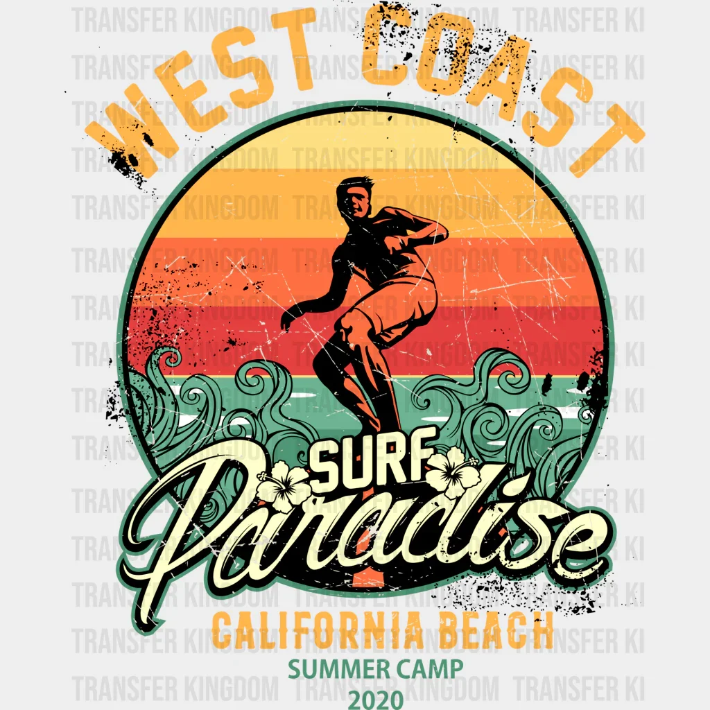West Coast Surf Paradise Circular Design - Surfing DTF Heat Transfer